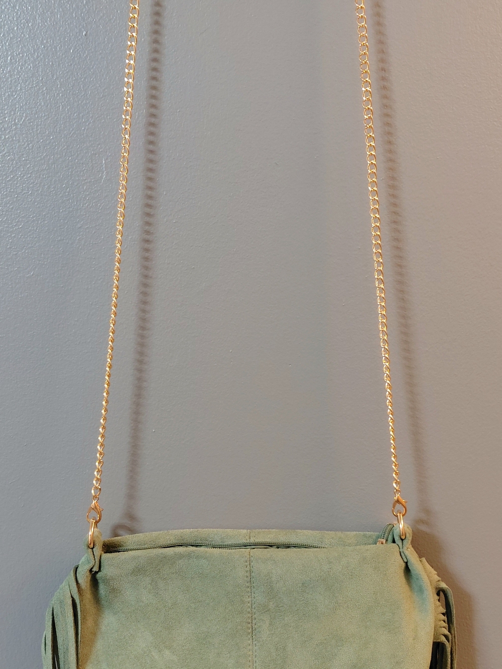 Francesca's Collections Sage Green Suede Fringe Crossbody with Gold Chain
